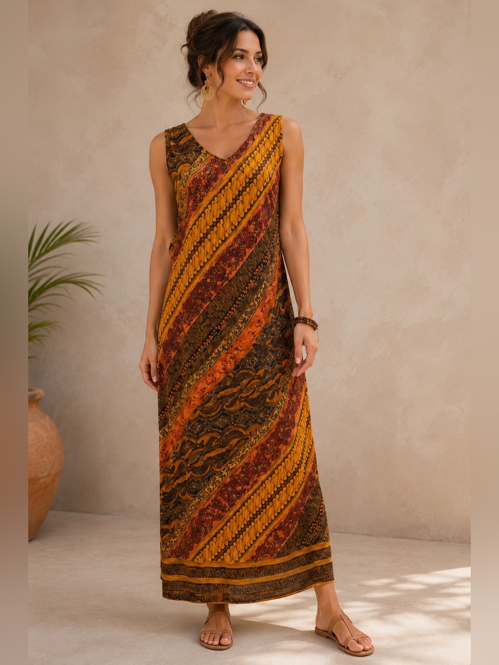 Rabbit Rabbit Rabbit Boho Maxi Dress | Warm Earth Tone Resort Dress 6P